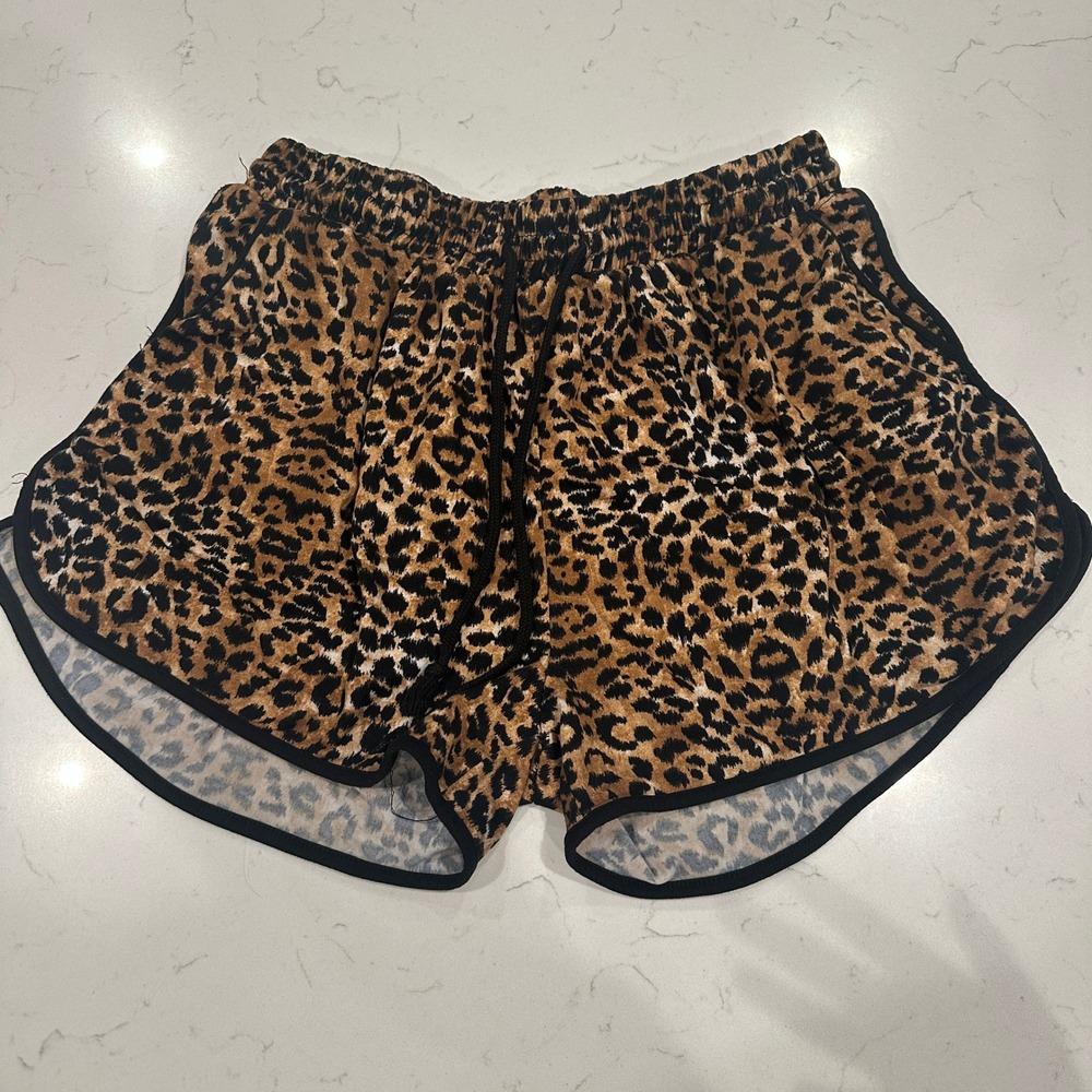 Shosho Womens Leopard Print Dolphin Shorts Black Trim Drawstring Pockets Size L